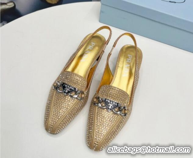 Good Looking Prada Crystal Allover Slingback Pump 4.5cm with Chain Logo Gold 915083