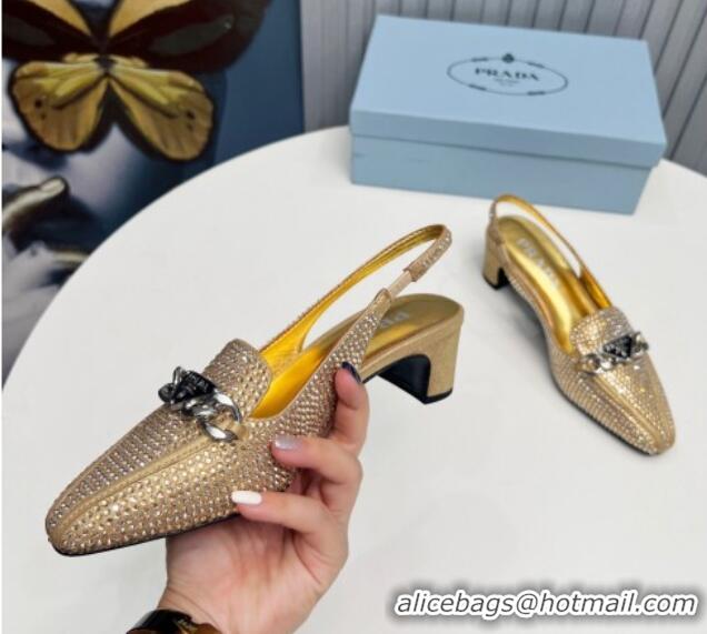 Good Looking Prada Crystal Allover Slingback Pump 4.5cm with Chain Logo Gold 915083