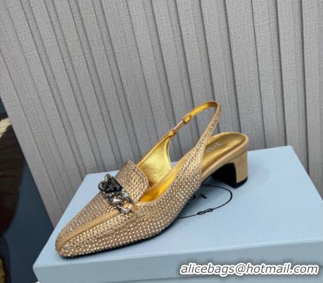 Good Looking Prada Crystal Allover Slingback Pump 4.5cm with Chain Logo Gold 915083