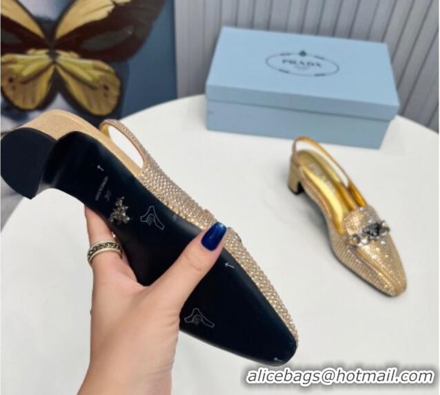 Good Looking Prada Crystal Allover Slingback Pump 4.5cm with Chain Logo Gold 915083