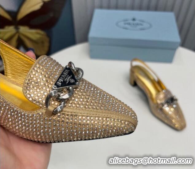 Good Looking Prada Crystal Allover Slingback Pump 4.5cm with Chain Logo Gold 915083