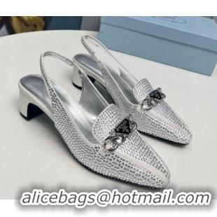 Luxurious Prada Crystal Allover Slingback Pump 4.5cm with Chain Logo Silver 915084