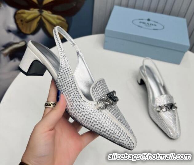 Luxurious Prada Crystal Allover Slingback Pump 4.5cm with Chain Logo Silver 915084