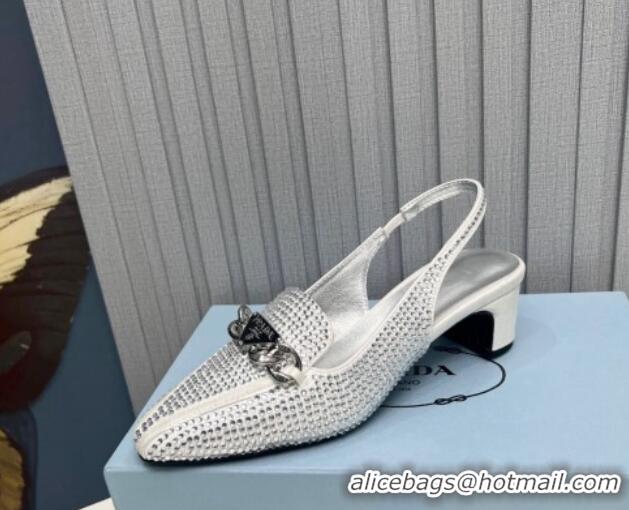 Luxurious Prada Crystal Allover Slingback Pump 4.5cm with Chain Logo Silver 915084