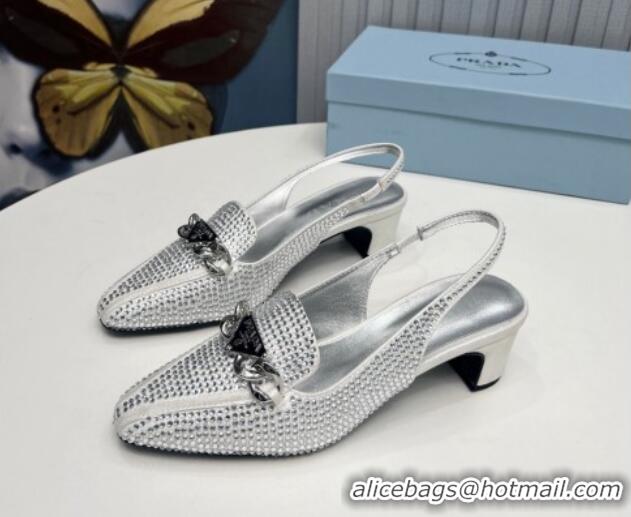 Luxurious Prada Crystal Allover Slingback Pump 4.5cm with Chain Logo Silver 915084