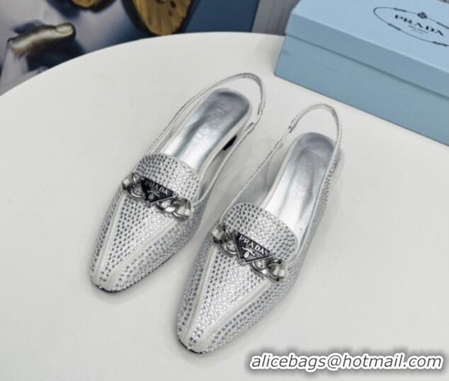 Luxurious Prada Crystal Allover Slingback Pump 4.5cm with Chain Logo Silver 915084