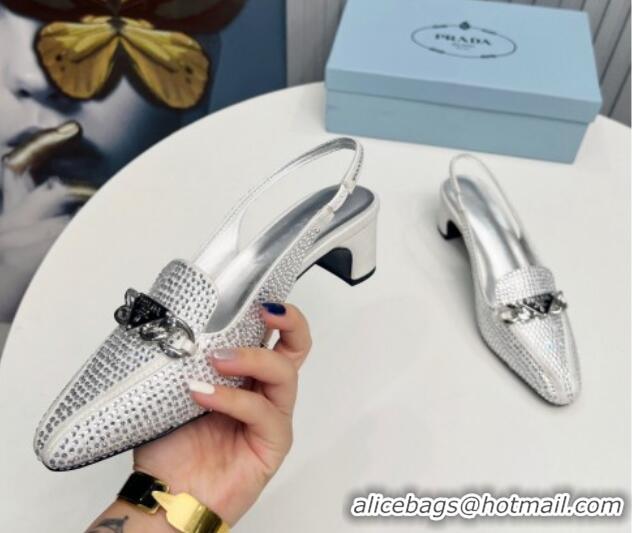 Luxurious Prada Crystal Allover Slingback Pump 4.5cm with Chain Logo Silver 915084