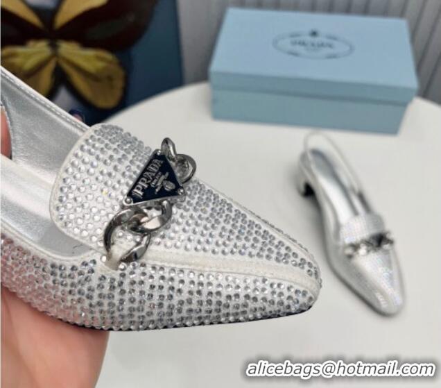 Luxurious Prada Crystal Allover Slingback Pump 4.5cm with Chain Logo Silver 915084