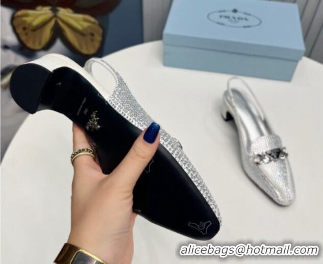 Luxurious Prada Crystal Allover Slingback Pump 4.5cm with Chain Logo Silver 915084