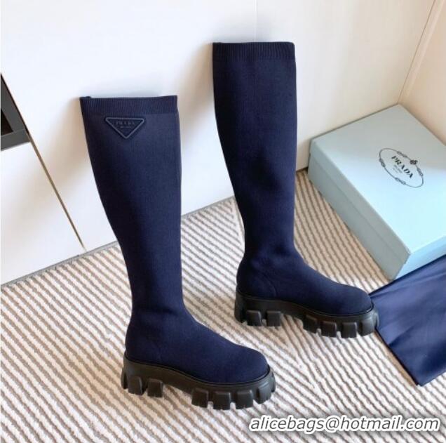 Popular Style Prada Monolith Platform Knit High Boots Dark Blue 926028