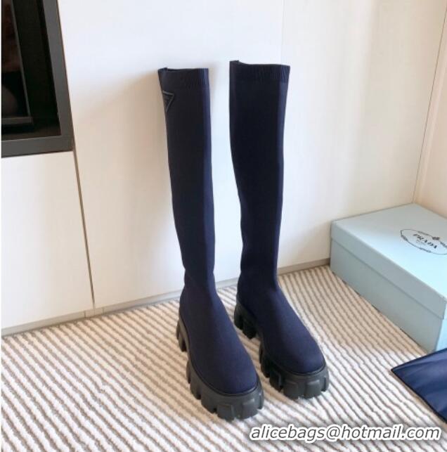 Popular Style Prada Monolith Platform Knit High Boots Dark Blue 926028