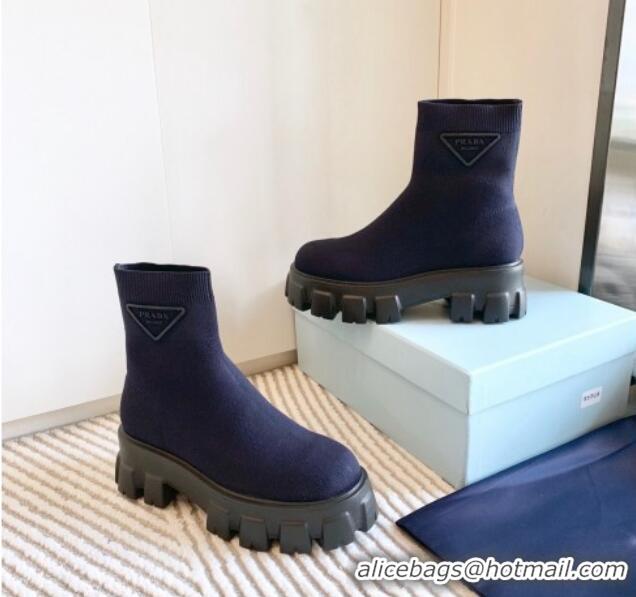 Top Design Prada Monolith Platform Knit Ankle Boots Dark Blue 926031