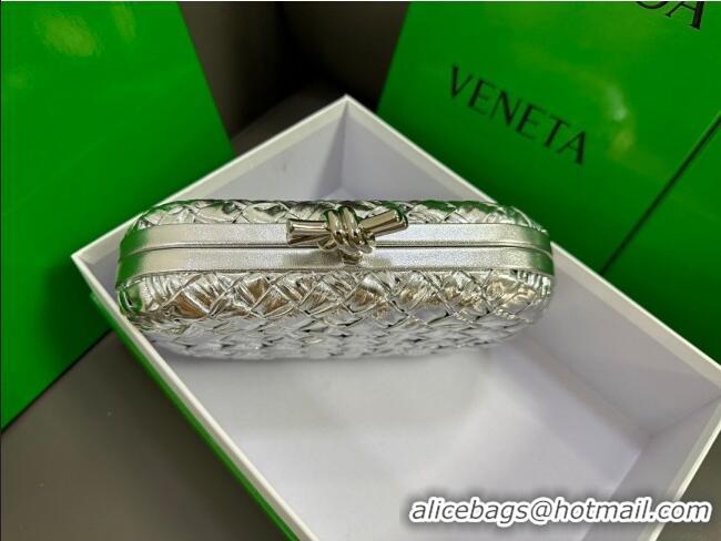 Famous Brand Bottega Veneta Knot Minaudiere Clutch in Pressed Intreccio Laminated Leather 717622 Silver 2023