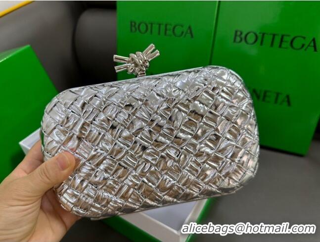 Famous Brand Bottega Veneta Knot Minaudiere Clutch in Pressed Intreccio Laminated Leather 717622 Silver 2023