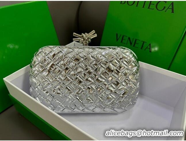 Famous Brand Bottega Veneta Knot Minaudiere Clutch in Pressed Intreccio Laminated Leather 717622 Silver 2023