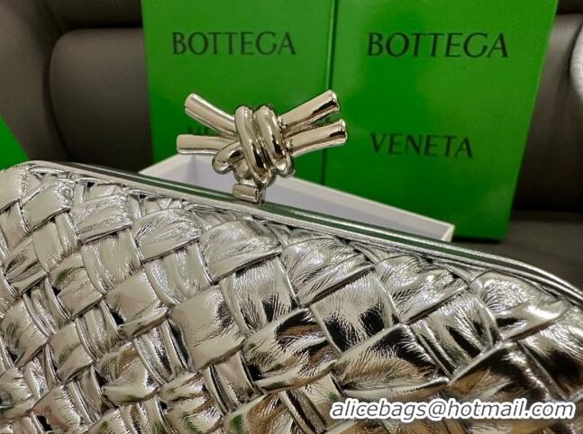 Famous Brand Bottega Veneta Knot Minaudiere Clutch in Pressed Intreccio Laminated Leather 717622 Silver 2023