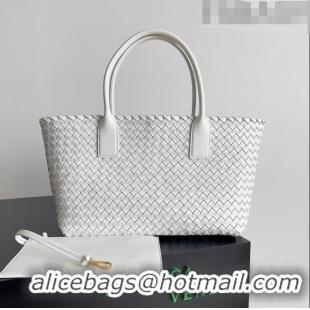 Famous Brand Bottega Veneta Small Cabat Tote Bag in Intreccio Leather 730297 White 2023