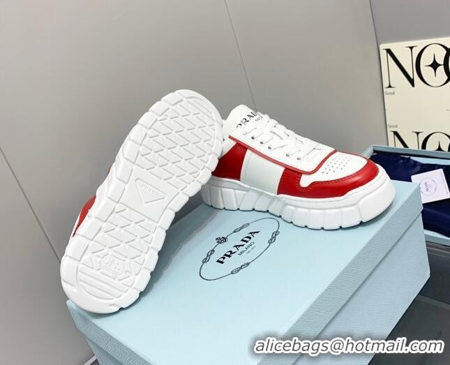 Perfect Prada Logo Leather Sneakers Red/White 926033