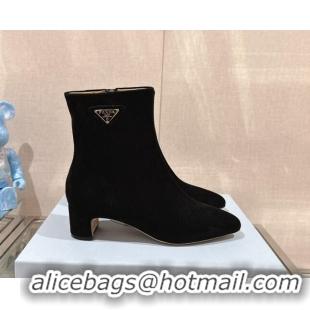 Stylish Prada Suede Heel Ankle Boots 5.5cm Black 013056