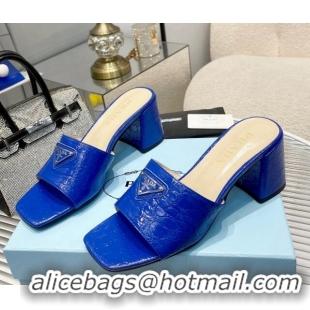 Sumptuous Prada Embossed Leather Heel Slide Sandals Blue 1013058