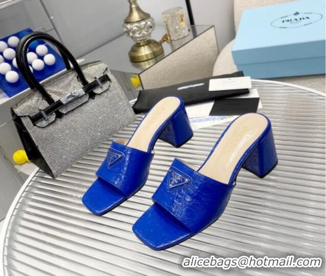 Sumptuous Prada Embossed Leather Heel Slide Sandals Blue 1013058