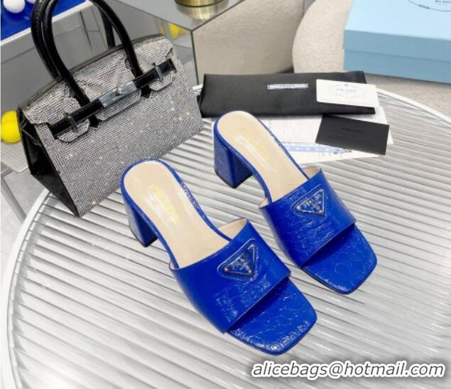 Sumptuous Prada Embossed Leather Heel Slide Sandals Blue 1013058