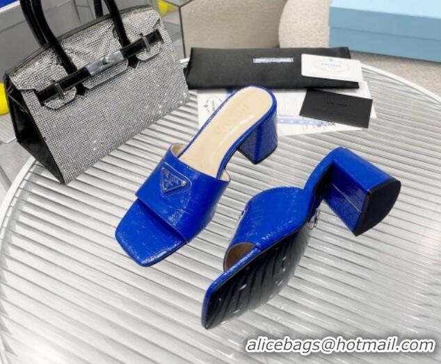 Sumptuous Prada Embossed Leather Heel Slide Sandals Blue 1013058