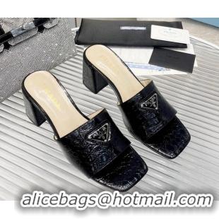 Duplicate Prada Embossed Leather Heel Slide Sandals Black 1013060