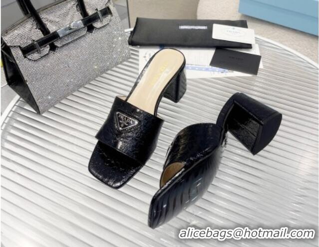 Duplicate Prada Embossed Leather Heel Slide Sandals Black 1013060