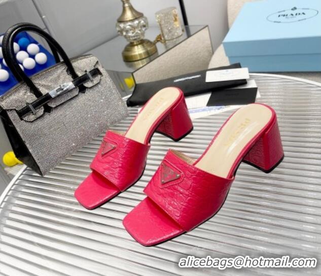 Perfect Prada Embossed Leather Heel Slide Sandals Dark Pink 1013061