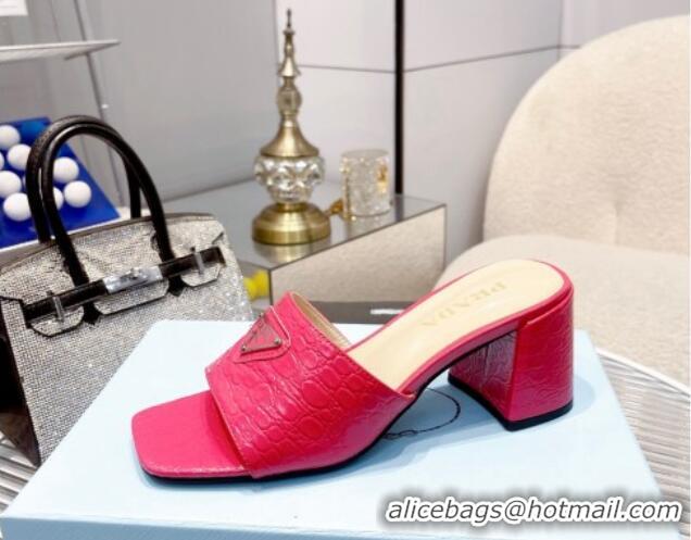 Perfect Prada Embossed Leather Heel Slide Sandals Dark Pink 1013061