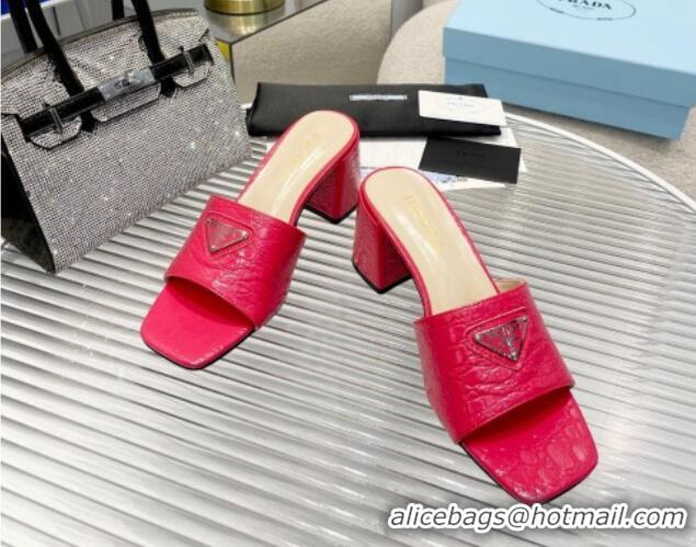 Perfect Prada Embossed Leather Heel Slide Sandals Dark Pink 1013061