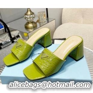 Classic Hot Prada Embossed Leather Heel Slide Sandals Light Green 1013063