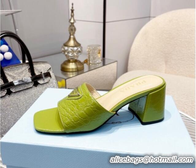 Classic Hot Prada Embossed Leather Heel Slide Sandals Light Green 1013063