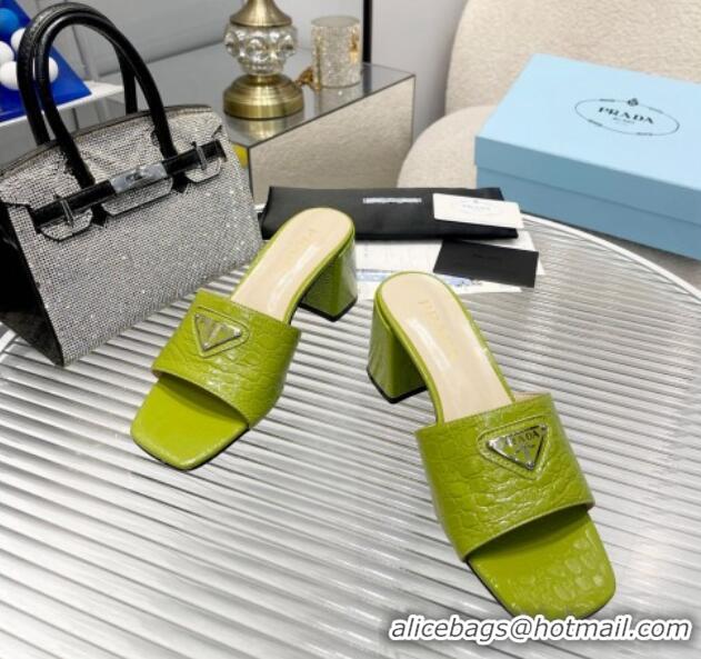 Classic Hot Prada Embossed Leather Heel Slide Sandals Light Green 1013063