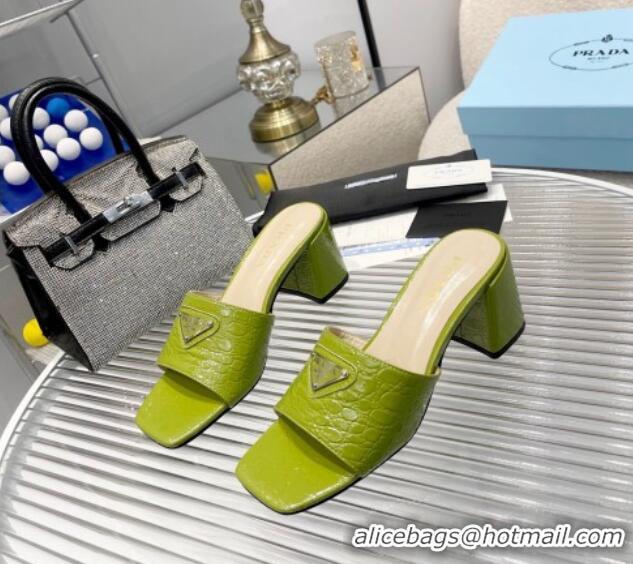 Classic Hot Prada Embossed Leather Heel Slide Sandals Light Green 1013063