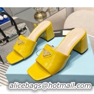 Good Quality Prada Embossed Leather Heel Slide Sandals Yellow 1013064