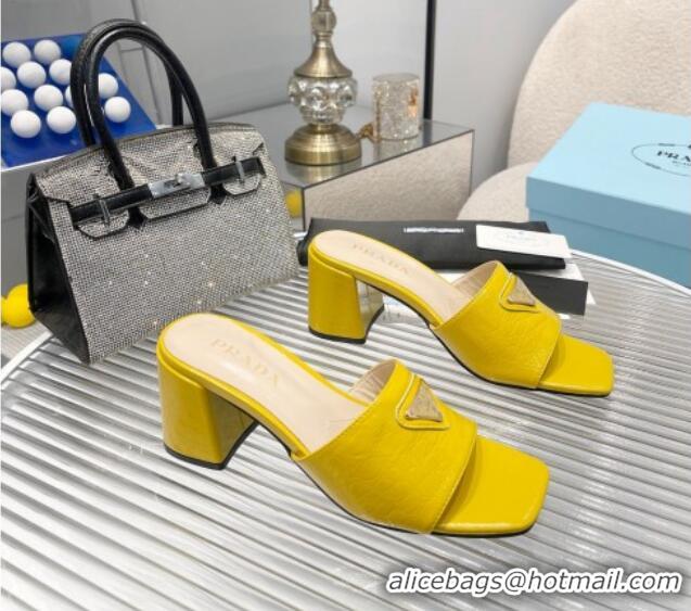 Good Quality Prada Embossed Leather Heel Slide Sandals Yellow 1013064