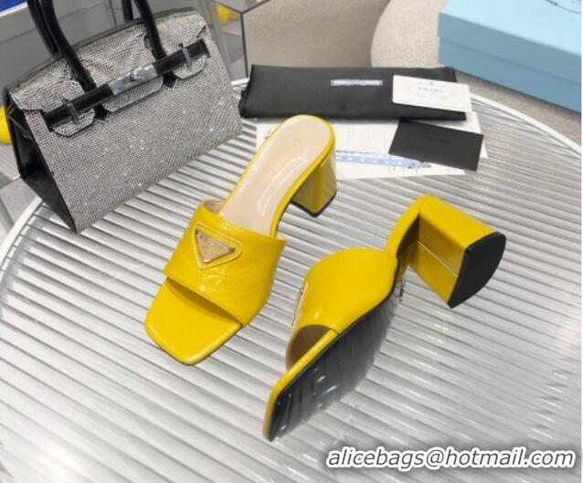 Good Quality Prada Embossed Leather Heel Slide Sandals Yellow 1013064