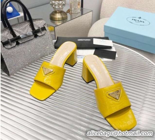 Good Quality Prada Embossed Leather Heel Slide Sandals Yellow 1013064