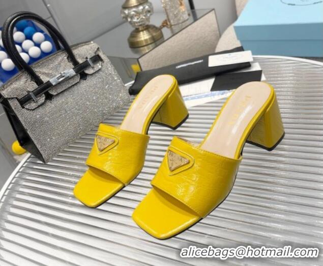 Good Quality Prada Embossed Leather Heel Slide Sandals Yellow 1013064