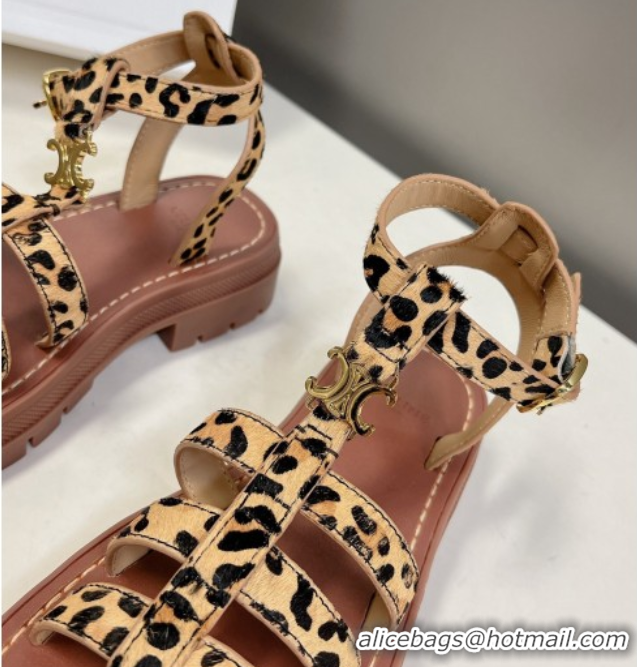 Best Grade Celine Triomphe Sandals in Leopard Print Yellow/Brown 071008