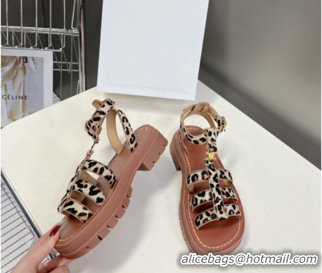 Most Popular Celine Triomphe Sandals in Leopard Print Beige 3071009