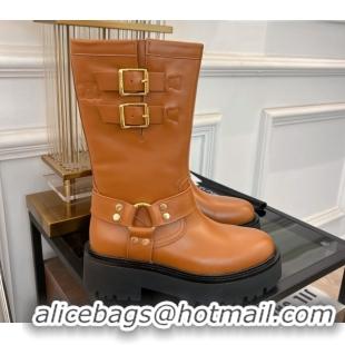 Purchase Celine Bulky Mid Biker Boots 5.5cm with Harness Buckle in Calfskin Light Brown 071010