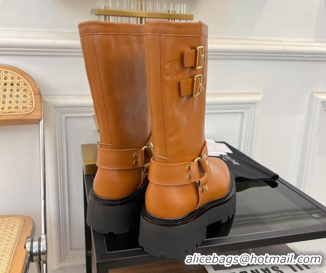 Purchase Celine Bulky Mid Biker Boots 5.5cm with Harness Buckle in Calfskin Light Brown 071010