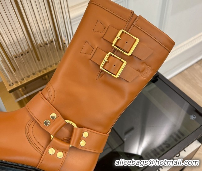 Purchase Celine Bulky Mid Biker Boots 5.5cm with Harness Buckle in Calfskin Light Brown 071010