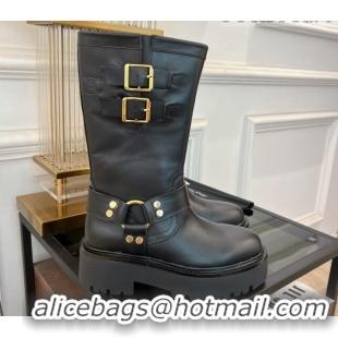 Pretty Style Celine Bulky Mid Biker Boots 5.5cm with Harness Buckle in Calfskin Black 3071013