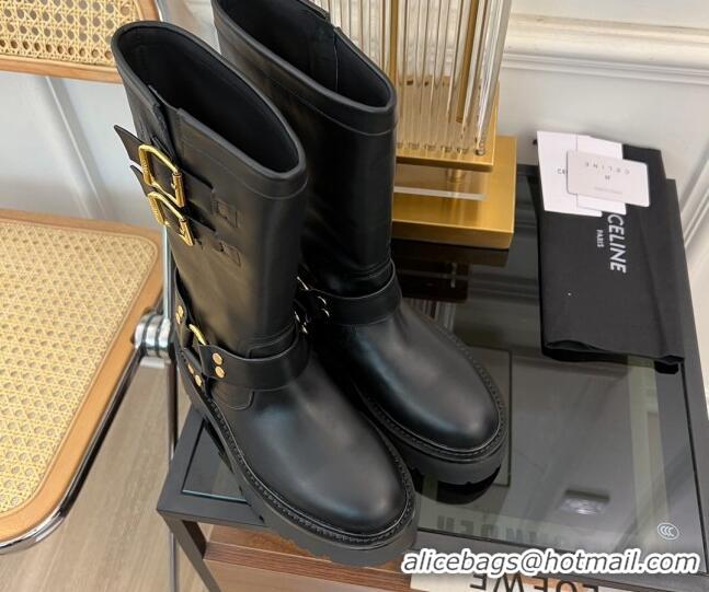 Pretty Style Celine Bulky Mid Biker Boots 5.5cm with Harness Buckle in Calfskin Black 3071013