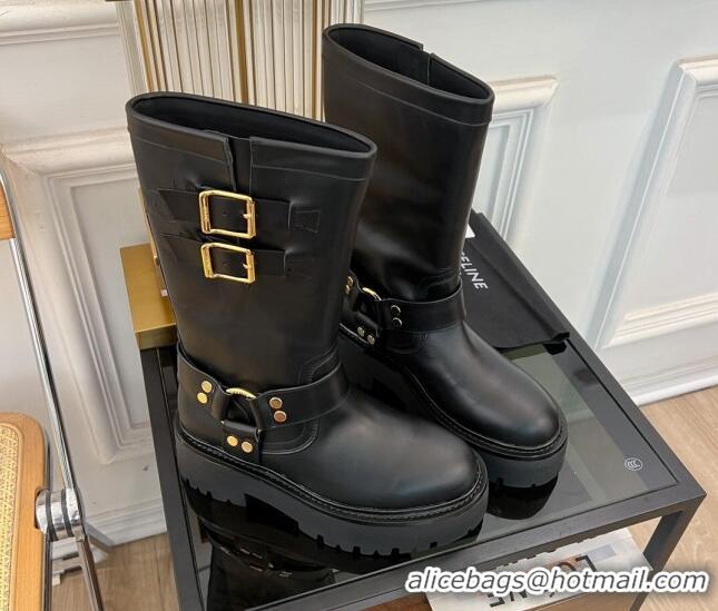 Pretty Style Celine Bulky Mid Biker Boots 5.5cm with Harness Buckle in Calfskin Black 3071013