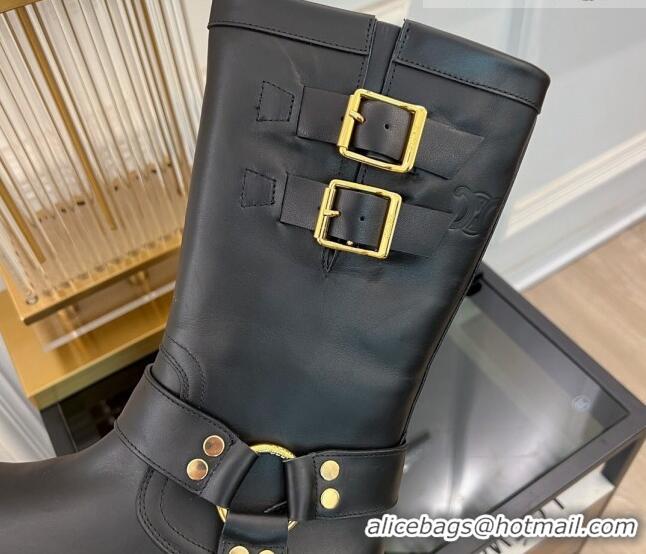 Pretty Style Celine Bulky Mid Biker Boots 5.5cm with Harness Buckle in Calfskin Black 3071013